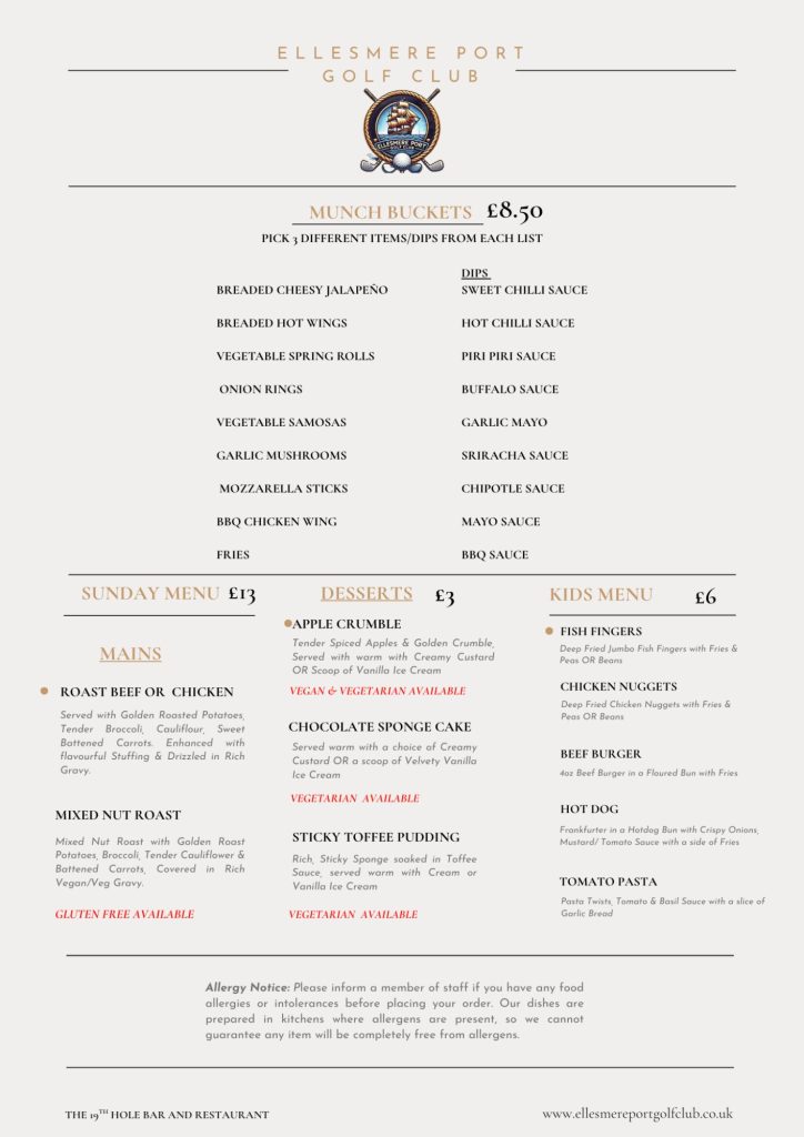 Ellesmere Port Golf Club Menu